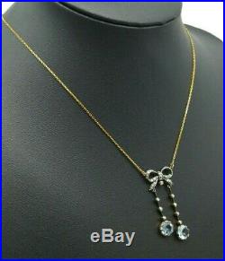 Beautiful Art Deco Diamond Aquamarine & Seed Pearl Gold Bow Dangle Necklace