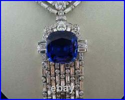 Beautiful Elegant Art Deco Blue 39.42CT Sapphire & White CZ Women Fine Necklace