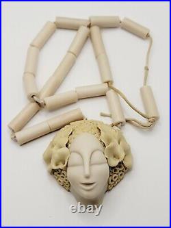 Beautiful Rare Art Deco/Art Nouveau Carved Figural Necklace Beaded 24in Signed