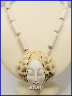 Beautiful Rare Art Deco/Art Nouveau Carved Figural Necklace Beaded 24in Signed