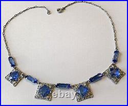 Beautiful Vintage Art Deco Blue Rhinestone Filigree Panel Necklace