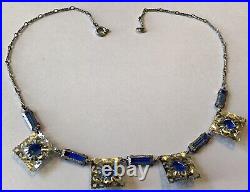 Beautiful Vintage Art Deco Blue Rhinestone Filigree Panel Necklace