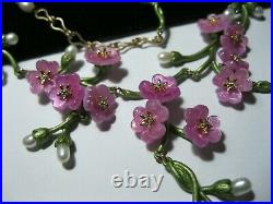 Beautiful Vintage Style Art Deco Enamel & REAL PEARL PINK Forget me Not NECKLACE