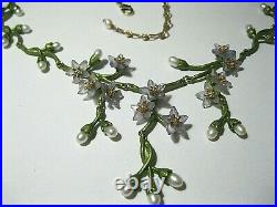 Beautiful Vintage Style Art Deco Enamelled REAL PEARL Forget me Not NECKLACE