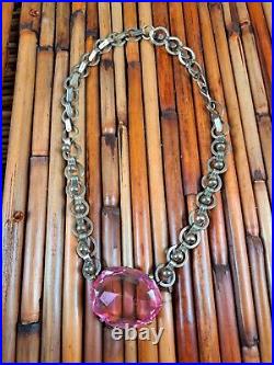 Beautiful Vtg art deco 12K GF Gold Filled pink glass pendant Necklace