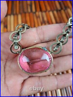Beautiful Vtg art deco 12K GF Gold Filled pink glass pendant Necklace