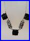 Black Pressed Molded Glass Floral Sterling Silver Necklace Art Deco Peanut Chian