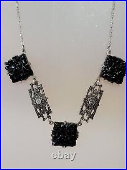 Black Pressed Molded Glass Floral Sterling Silver Necklace Art Deco Peanut Chian