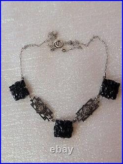 Black Pressed Molded Glass Floral Sterling Silver Necklace Art Deco Peanut Chian