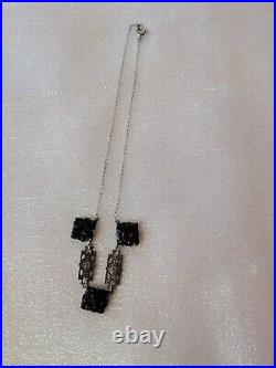 Black Pressed Molded Glass Floral Sterling Silver Necklace Art Deco Peanut Chian