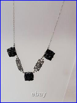 Black Pressed Molded Glass Floral Sterling Silver Necklace Art Deco Peanut Chian