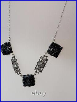 Black Pressed Molded Glass Floral Sterling Silver Necklace Art Deco Peanut Chian