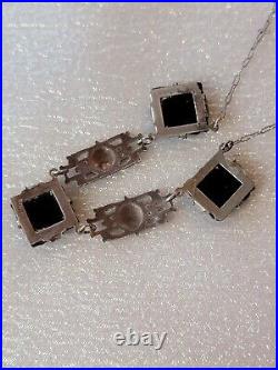 Black Pressed Molded Glass Floral Sterling Silver Necklace Art Deco Peanut Chian