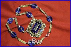 Blue Czech Glass Silver Plated Brass Art Deco Enamel Flower Necklace