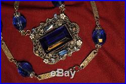 Blue Czech Glass Silver Plated Brass Art Deco Enamel Flower Necklace