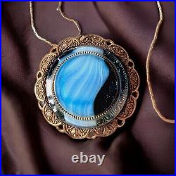Blue Porphyry Glass Pendant Necklace Gold Filled Antique Art Deco