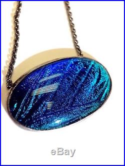Brilliant Art Deco Morpho Butterfly Wing Sterling Silver Pendant Necklace