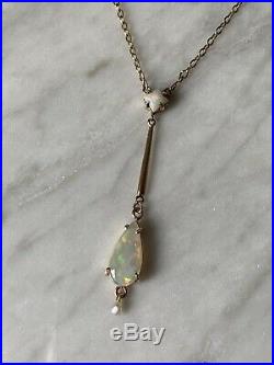 C1910 Art Deco Antique 9ct Gold Opal And Pearl Drop Pendant Necklace With Box