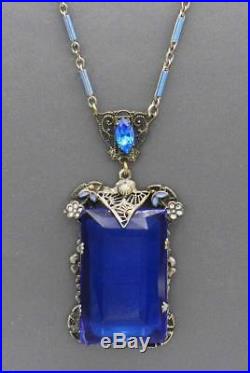 C1920's Vintage Art Deco Czech BLUE GLASS ENAMEL FILIGREE Necklace