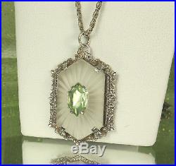 CAMPHOR GLASS Necklace STERLING'30s ART DECO Signed PS CO Faux ORIENTAL EMERALD