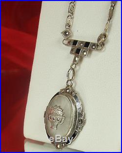 CAMPHOR GLASS Necklace STERLING MARCASITES Black ENAMEL 1930s Art Deco Era 17 L