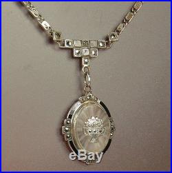 CAMPHOR GLASS Necklace STERLING MARCASITES Black ENAMEL 1930s Art Deco Era 17 L
