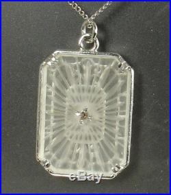 CAMPHOR GLASS Necklace SUNRAY CRYSTAL 1930s Art Deco 10k WHITE GOLD & STERLING