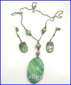 Chinese Export Large Jadeite Jade Necklace Earring Set Carved Art Deco Antique