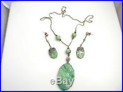 Chinese Export Large Jadeite Jade Necklace Earring Set Carved Art Deco Antique