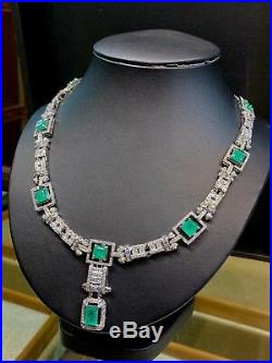 COLOMBIAN! 23.21TCW Emerald VS diamond 18K white gold Necklace Natural ART DECO