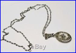 Camphor Glass Necklace Antique Art Deco Sterling Silver Filigree Pendant