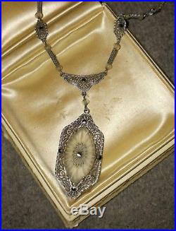 Camphor glass necklace, 1930s art deco, filigree, marcasites, rhodium