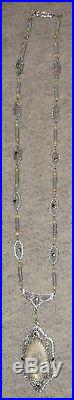 Camphor glass necklace, 1930s art deco, filigree, marcasites, rhodium