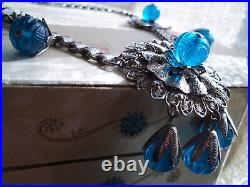 Chinese BLUE Victorian art deco book chain necklace peking glass bead pendant