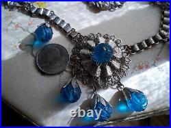 Chinese BLUE Victorian art deco book chain necklace peking glass bead pendant