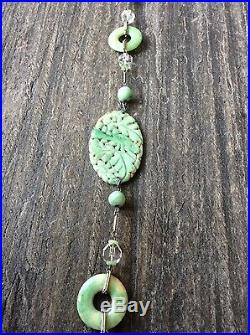 Chinese antique green jade necklace in Art Deco silver chain and glass beads
