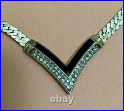 Christian Dior 1980's Art Deco Style V Shape necklace with crystals & black enamel