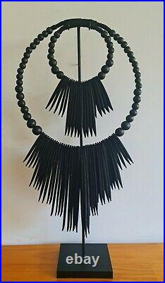 Cuttlefish shape wood double tribal necklace on stand black