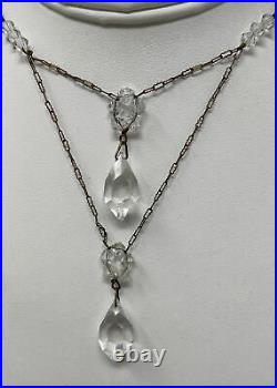 Czech Antique Vintage Art Deco Double Faceted Crystal Drop Necklace