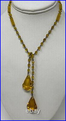 Czech Vintage Art Deco Faceted Amber Glass Crystal Prism Lariat Necklace