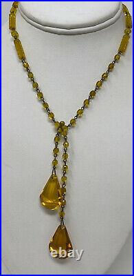 Czech Vintage Art Deco Faceted Amber Glass Crystal Prism Lariat Necklace