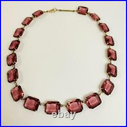 Czechoslovakian Art Deco Purple Faceted Glass Stones Silver Tone Necklace 15.5