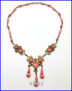 Darling 1920s Czech Art Deco Coral Molded Glass Brass Necklace 3 Dangles Vintage