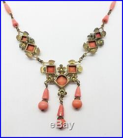 Darling 1920s Czech Art Deco Coral Molded Glass Brass Necklace 3 Dangles Vintage