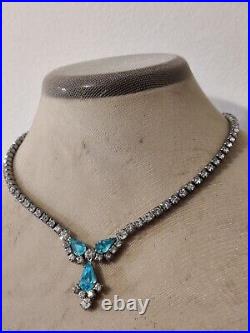 Dazzling Signed Sherman Necklace Blue & Clear Crystals Vintage 50s Art Deco