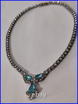 Dazzling Signed Sherman Necklace Blue & Clear Crystals Vintage 50s Art Deco