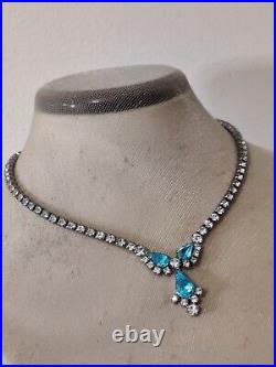 Dazzling Signed Sherman Necklace Blue & Clear Crystals Vintage 50s Art Deco