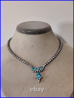 Dazzling Signed Sherman Necklace Blue & Clear Crystals Vintage 50s Art Deco