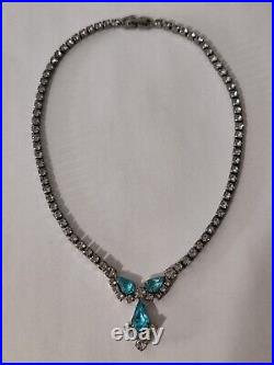 Dazzling Signed Sherman Necklace Blue & Clear Crystals Vintage 50s Art Deco