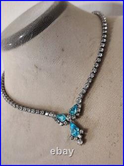 Dazzling Signed Sherman Necklace Blue & Clear Crystals Vintage 50s Art Deco